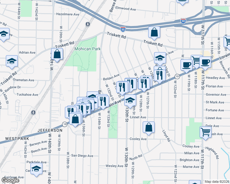 map of restaurants, bars, coffee shops, grocery stores, and more near 3461 West 132nd Street in Cleveland