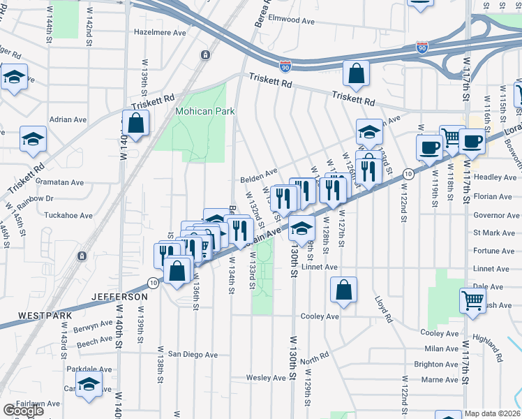 map of restaurants, bars, coffee shops, grocery stores, and more near 3461 West 132nd Street in Cleveland