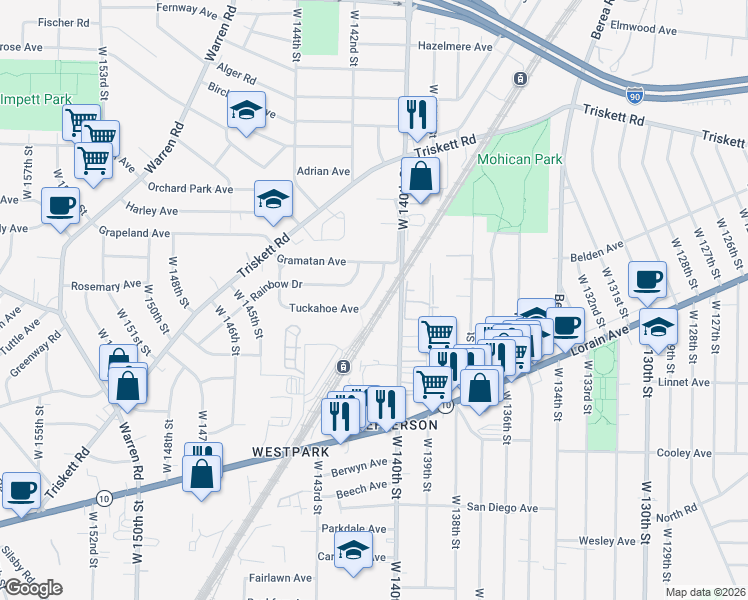 map of restaurants, bars, coffee shops, grocery stores, and more near 14127 Tuckahoe Avenue in Cleveland