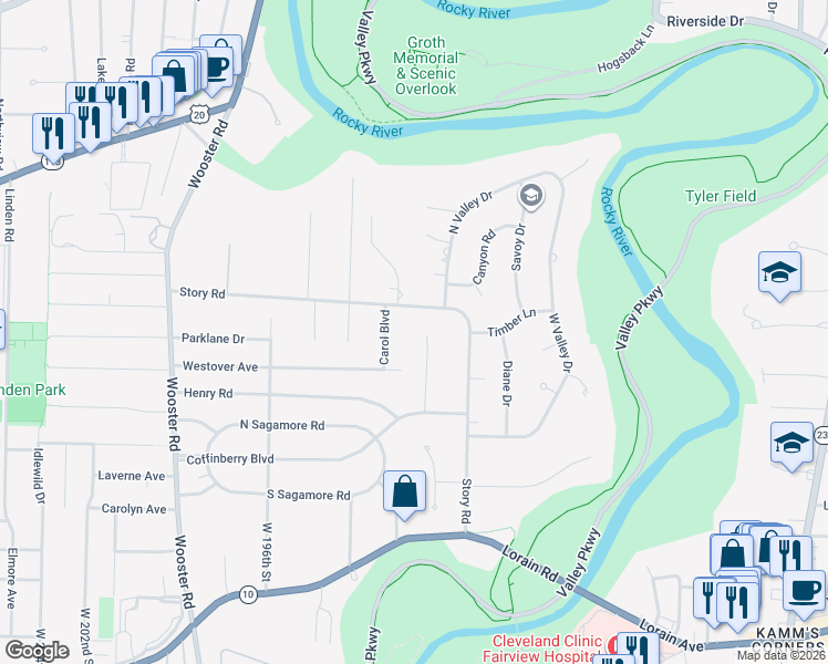 map of restaurants, bars, coffee shops, grocery stores, and more near 4030 Thomas Lane in Fairview Park