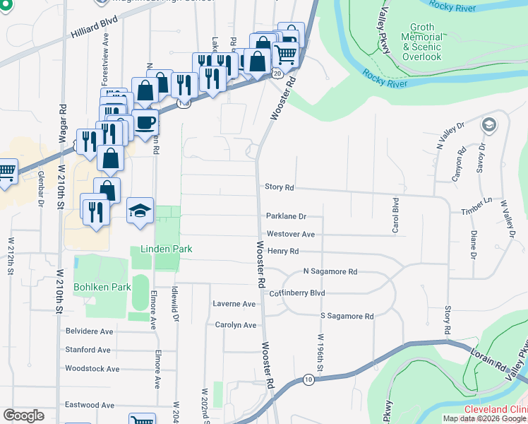 map of restaurants, bars, coffee shops, grocery stores, and more near 19855 Parklane Drive in Rocky River