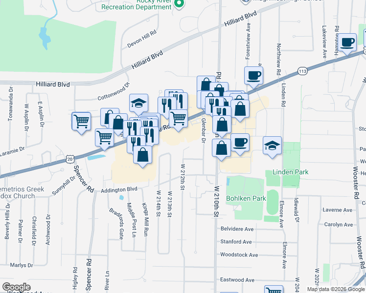 map of restaurants, bars, coffee shops, grocery stores, and more near 3535 West 213th Street in Fairview Park