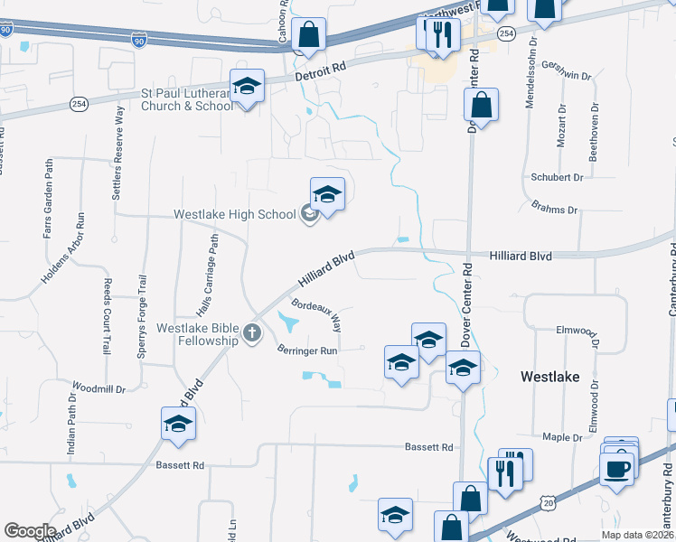 map of restaurants, bars, coffee shops, grocery stores, and more near 27905 Hilliard Boulevard in Westlake