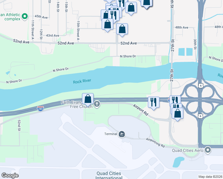 map of restaurants, bars, coffee shops, grocery stores, and more near 2008 S Shore Dr in Moline