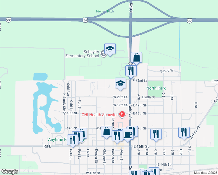 map of restaurants, bars, coffee shops, grocery stores, and more near in Schuyler