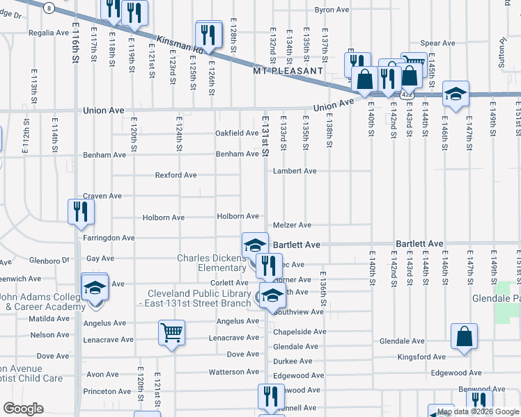 map of restaurants, bars, coffee shops, grocery stores, and more near 3691 East 131st Street in Cleveland