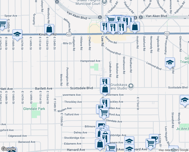map of restaurants, bars, coffee shops, grocery stores, and more near 3715 Chelton Road in Shaker Heights