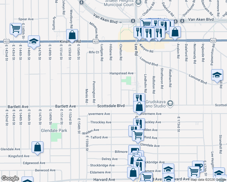map of restaurants, bars, coffee shops, grocery stores, and more near 3689 Hildana Road in Shaker Heights