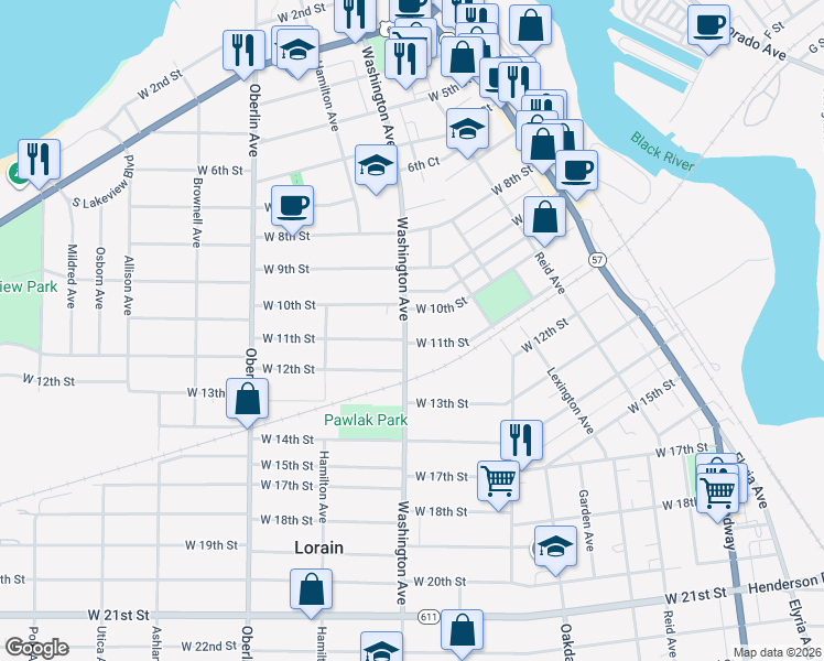 map of restaurants, bars, coffee shops, grocery stores, and more near 1110 Washington Avenue in Lorain