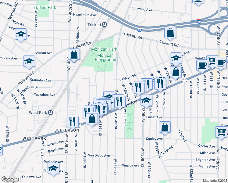 map of restaurants, bars, coffee shops, grocery stores, and more near 3448 West 133rd Street in Cleveland