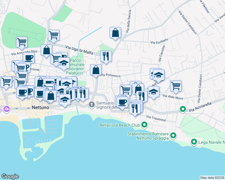 map of restaurants, bars, coffee shops, grocery stores, and more near 4 Via Ponza in Nettuno