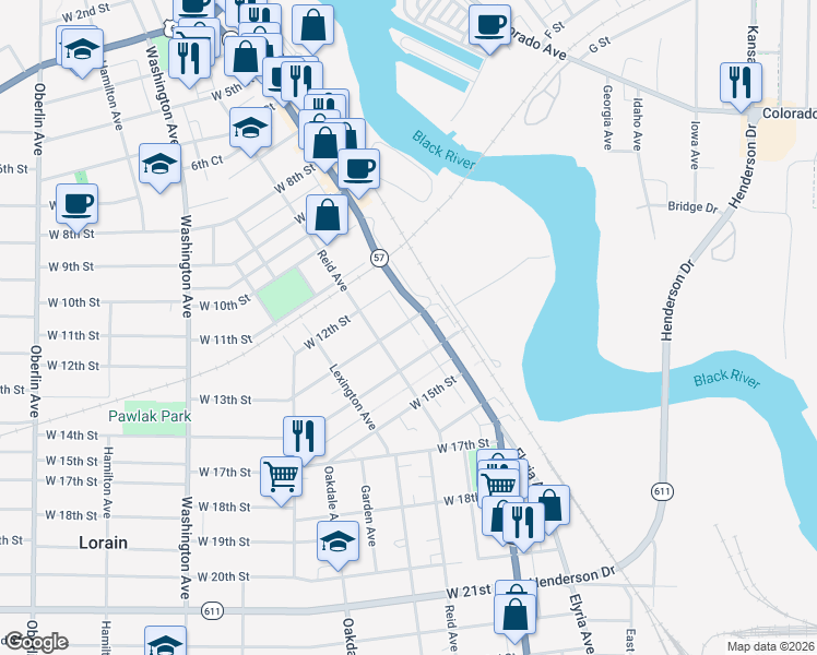 map of restaurants, bars, coffee shops, grocery stores, and more near 204 West 14th Street in Lorain