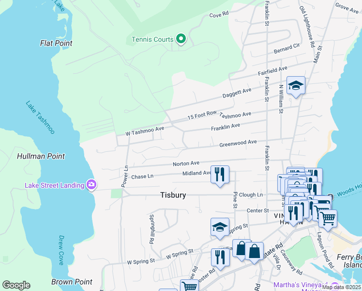 map of restaurants, bars, coffee shops, grocery stores, and more near 271 Greenwood Avenue in Tisbury