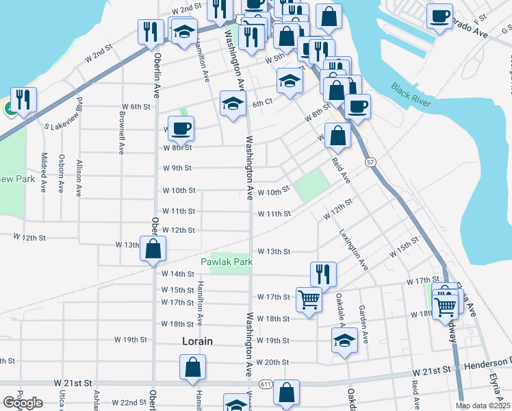 map of restaurants, bars, coffee shops, grocery stores, and more near 1037 Washington Avenue in Lorain