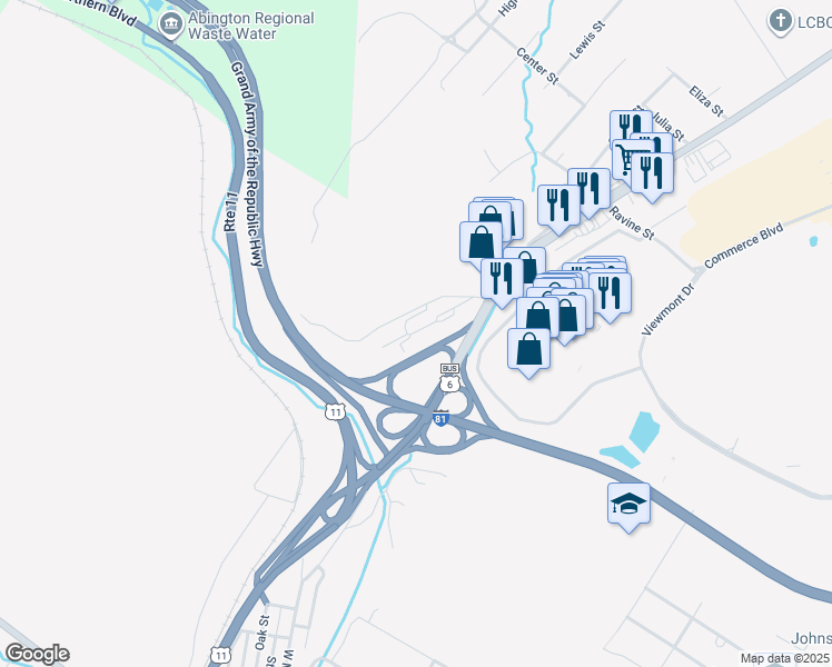 map of restaurants, bars, coffee shops, grocery stores, and more near 541 U.S. 6 in Scranton
