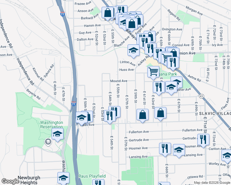 map of restaurants, bars, coffee shops, grocery stores, and more near 3659 East 55th Street in Cleveland