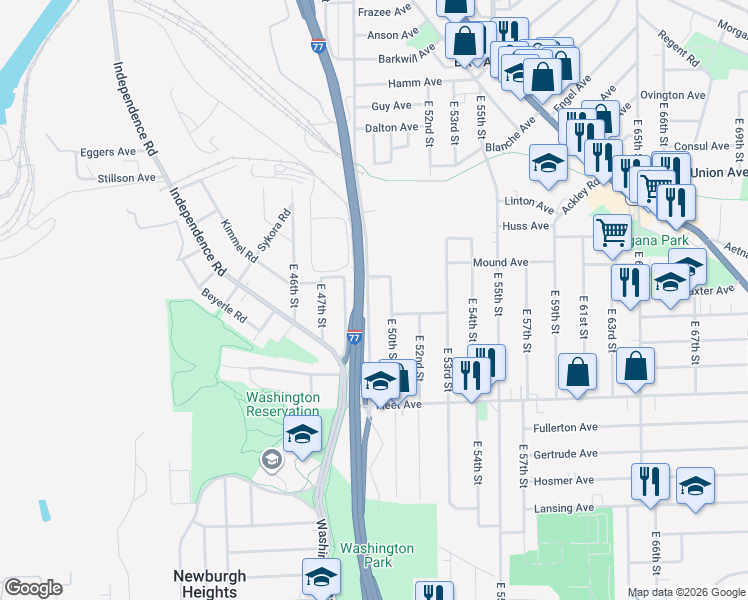 map of restaurants, bars, coffee shops, grocery stores, and more near 3661 East 49th Street in Cleveland