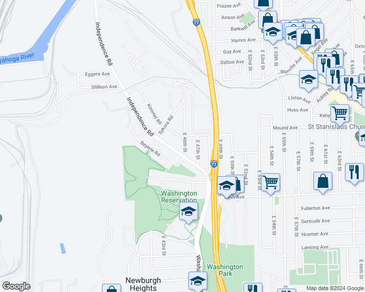 map of restaurants, bars, coffee shops, grocery stores, and more near 3628 Independence Road in Cleveland