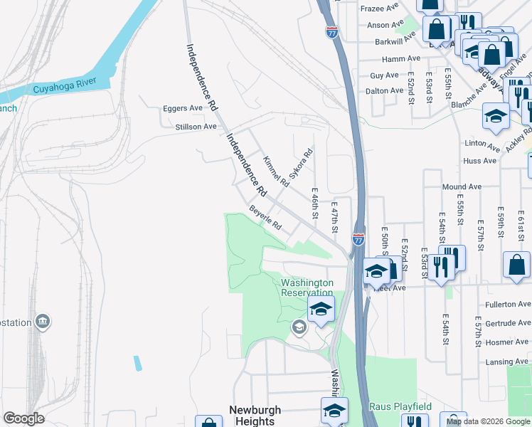 map of restaurants, bars, coffee shops, grocery stores, and more near 3584 Beyerle Road in Cleveland