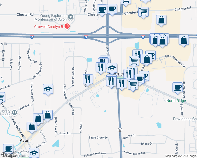 map of restaurants, bars, coffee shops, grocery stores, and more near 36192 Detroit Road in Avon
