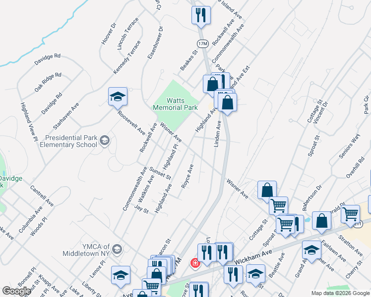 map of restaurants, bars, coffee shops, grocery stores, and more near 5 Royce Avenue in Middletown