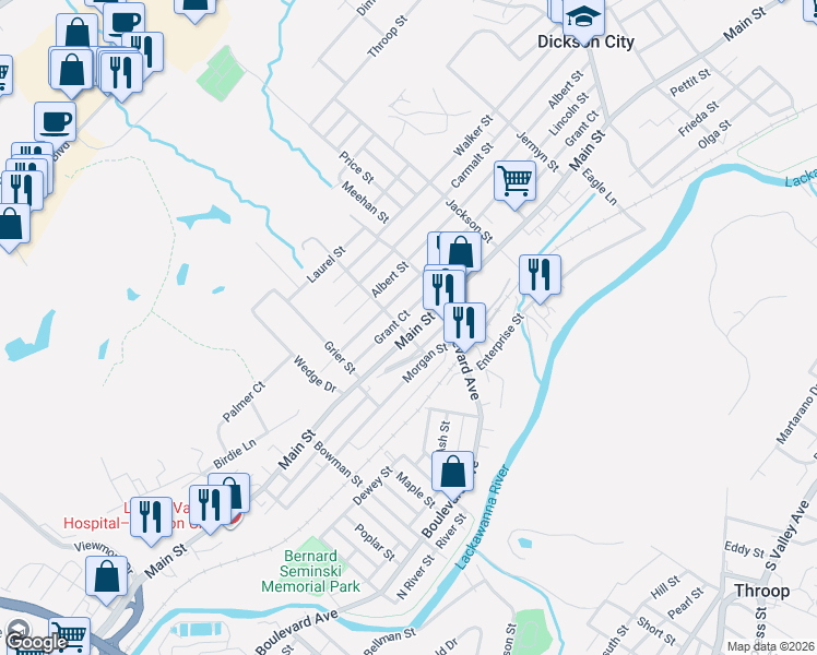 map of restaurants, bars, coffee shops, grocery stores, and more near 663 Morgan Street in Dickson City