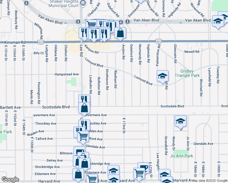 map of restaurants, bars, coffee shops, grocery stores, and more near 3692 Riedham Road in Shaker Heights