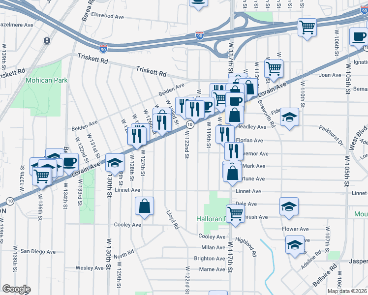 map of restaurants, bars, coffee shops, grocery stores, and more near 3463 West 122nd Street in Cleveland