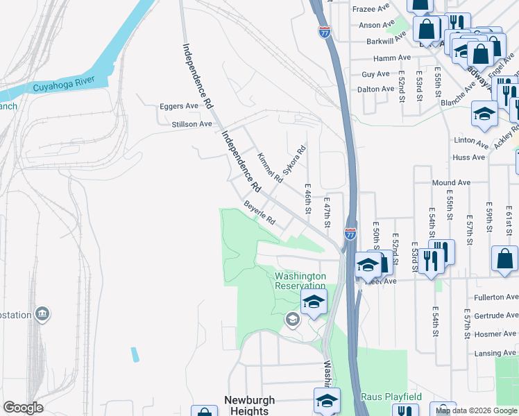 map of restaurants, bars, coffee shops, grocery stores, and more near 3584 Beyerle Road in Cleveland