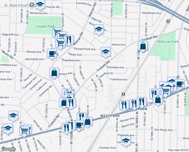 map of restaurants, bars, coffee shops, grocery stores, and more near 14700 Triskett Road in Cleveland