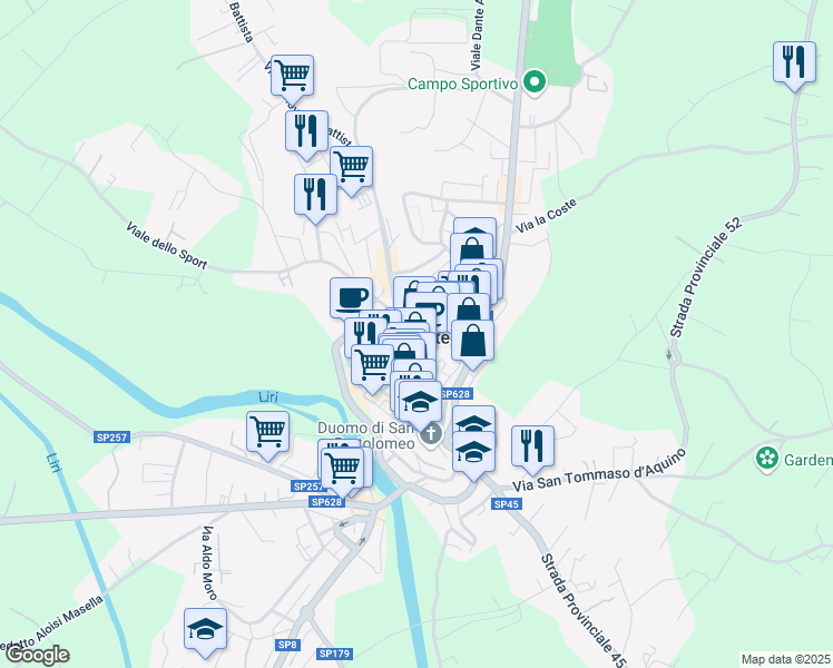 map of restaurants, bars, coffee shops, grocery stores, and more near 21 Via Lungo Liri Salvatore Spiridigliozzi in Pontecorvo