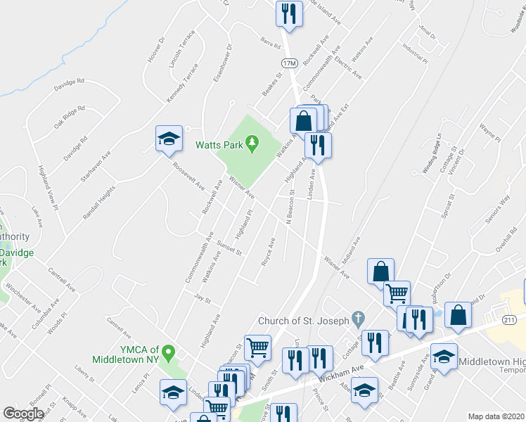 map of restaurants, bars, coffee shops, grocery stores, and more near 123 Highland Avenue Extension in Middletown