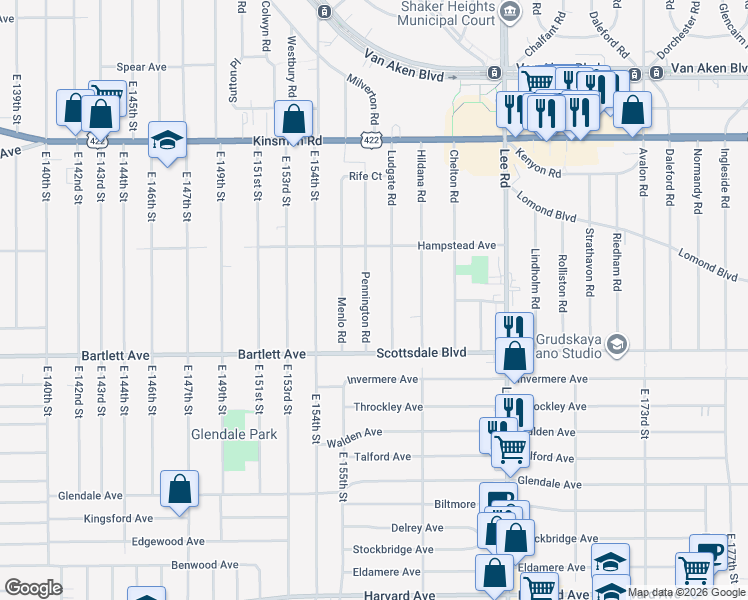 map of restaurants, bars, coffee shops, grocery stores, and more near 3662 Ludgate Road in Shaker Heights
