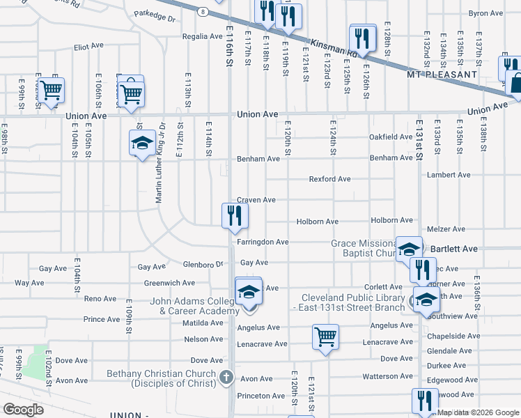 map of restaurants, bars, coffee shops, grocery stores, and more near 3627 East 117th Street in Cleveland