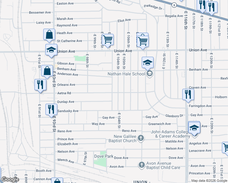 map of restaurants, bars, coffee shops, grocery stores, and more near 3624 East 103rd Street in Cleveland