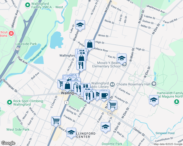 map of restaurants, bars, coffee shops, grocery stores, and more near 114 William Street in Wallingford