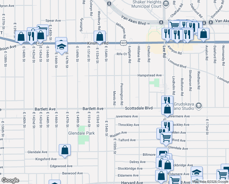 map of restaurants, bars, coffee shops, grocery stores, and more near 3662 Pennington Road in Shaker Heights