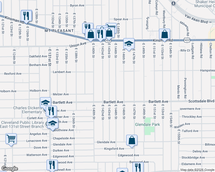 map of restaurants, bars, coffee shops, grocery stores, and more near 3653 East 143rd Street in Cleveland