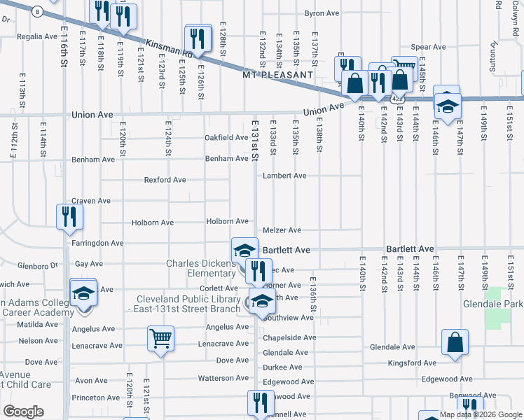 map of restaurants, bars, coffee shops, grocery stores, and more near 3633 East 131st Street in Cleveland