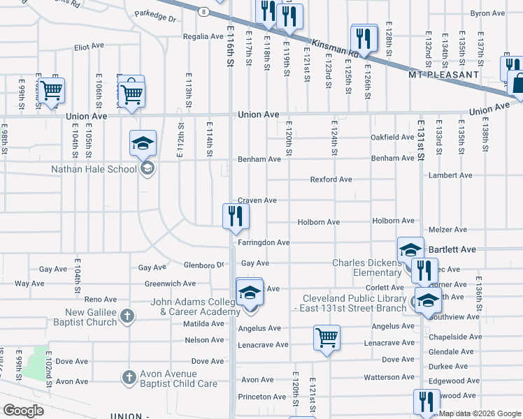 map of restaurants, bars, coffee shops, grocery stores, and more near 3627 East 117th Street in Cleveland