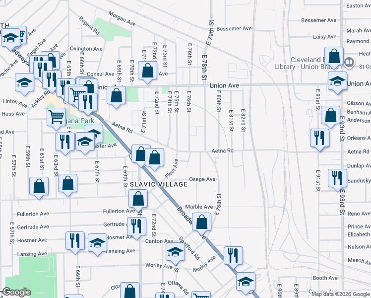 map of restaurants, bars, coffee shops, grocery stores, and more near 3619 East 76th Street in Cleveland
