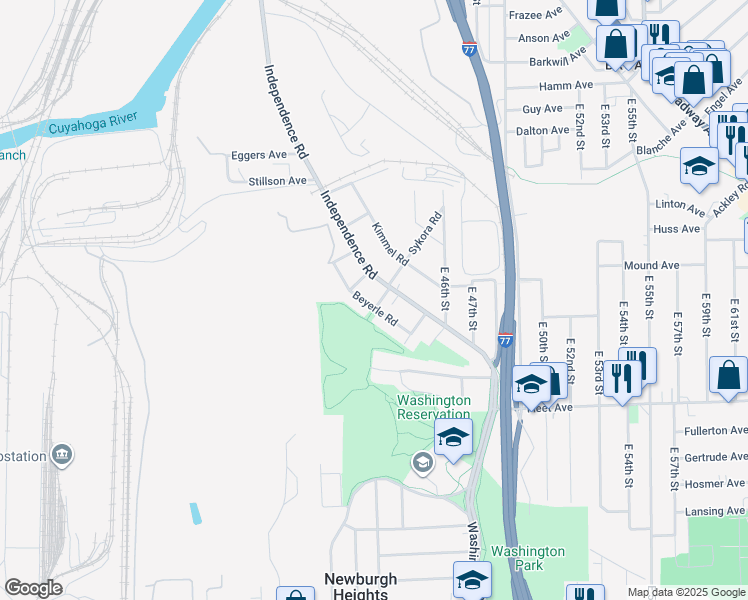 map of restaurants, bars, coffee shops, grocery stores, and more near 3530 Independence Road in Cleveland