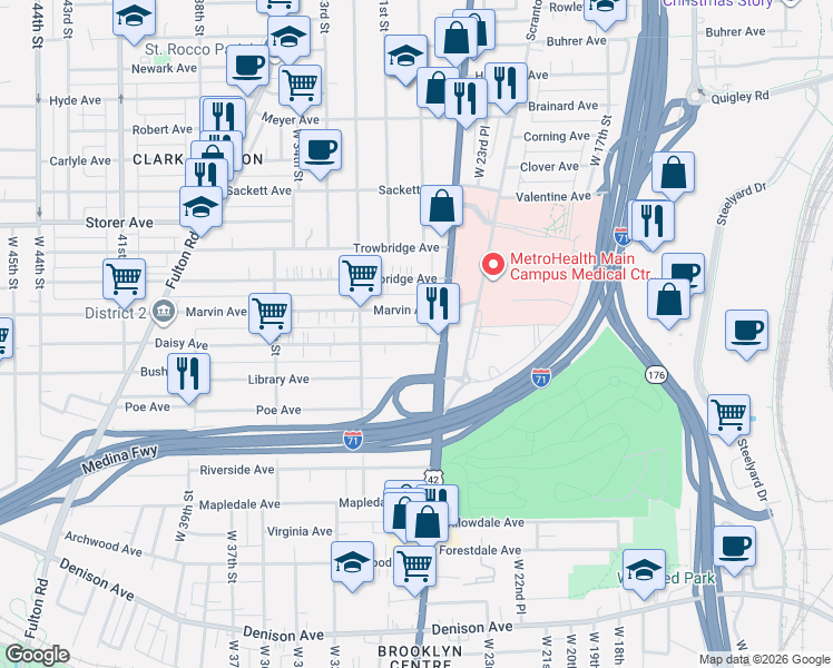 map of restaurants, bars, coffee shops, grocery stores, and more near 2700 Marvin Avenue in Cleveland