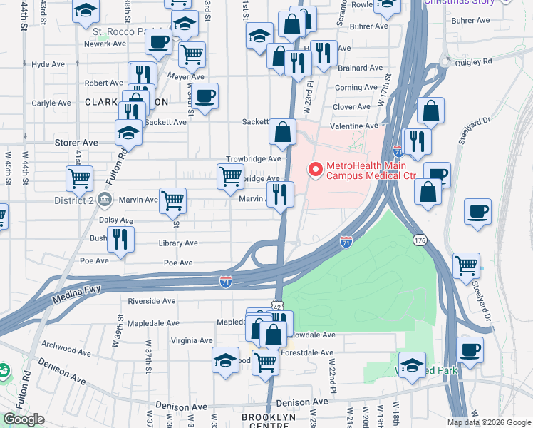 map of restaurants, bars, coffee shops, grocery stores, and more near 2700 Marvin Avenue in Cleveland