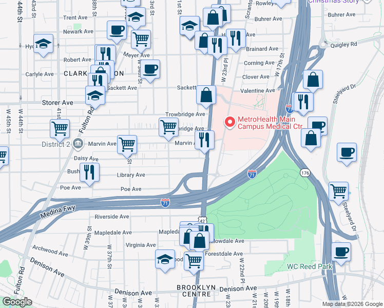 map of restaurants, bars, coffee shops, grocery stores, and more near 2700 Marvin Avenue in Cleveland