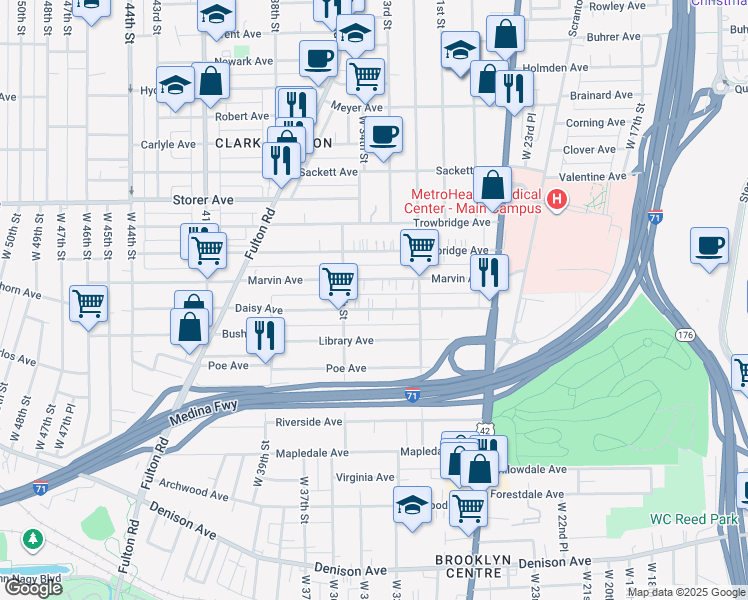 map of restaurants, bars, coffee shops, grocery stores, and more near 3358 Marvin Avenue in Cleveland