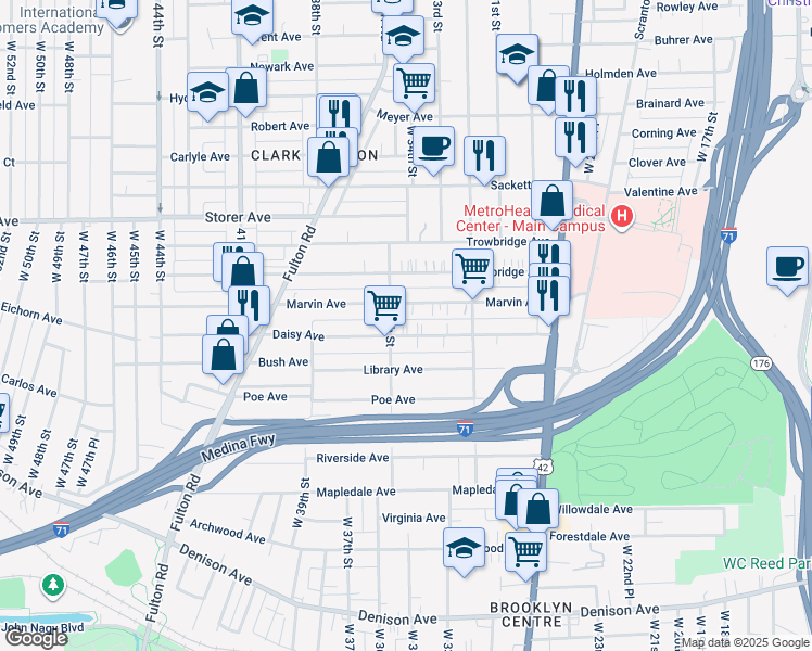 map of restaurants, bars, coffee shops, grocery stores, and more near 3358 Marvin Avenue in Cleveland