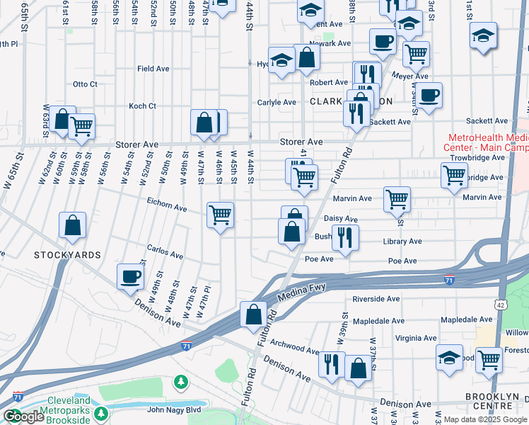 map of restaurants, bars, coffee shops, grocery stores, and more near 4318 Marvin Avenue in Cleveland