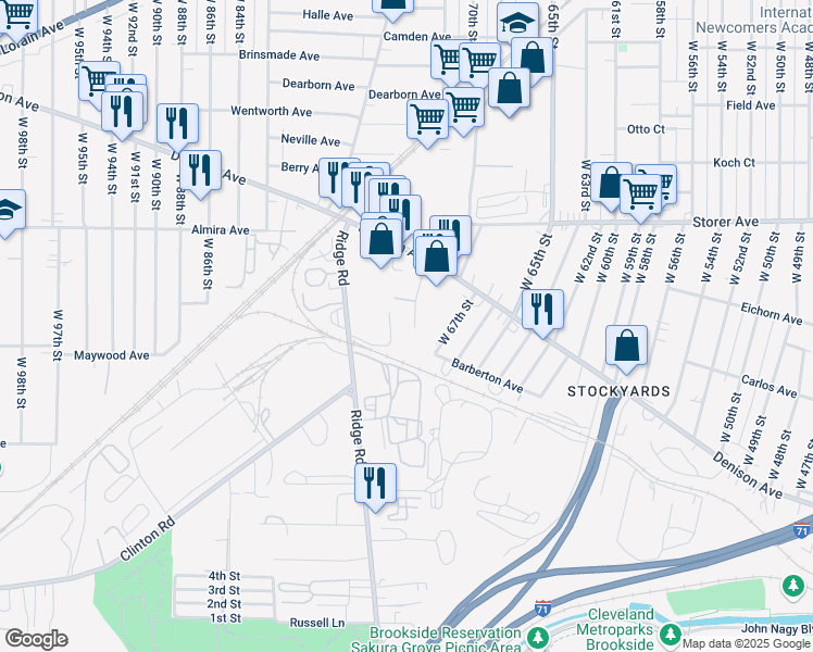 map of restaurants, bars, coffee shops, grocery stores, and more near 3562 West 69th Street in Cleveland