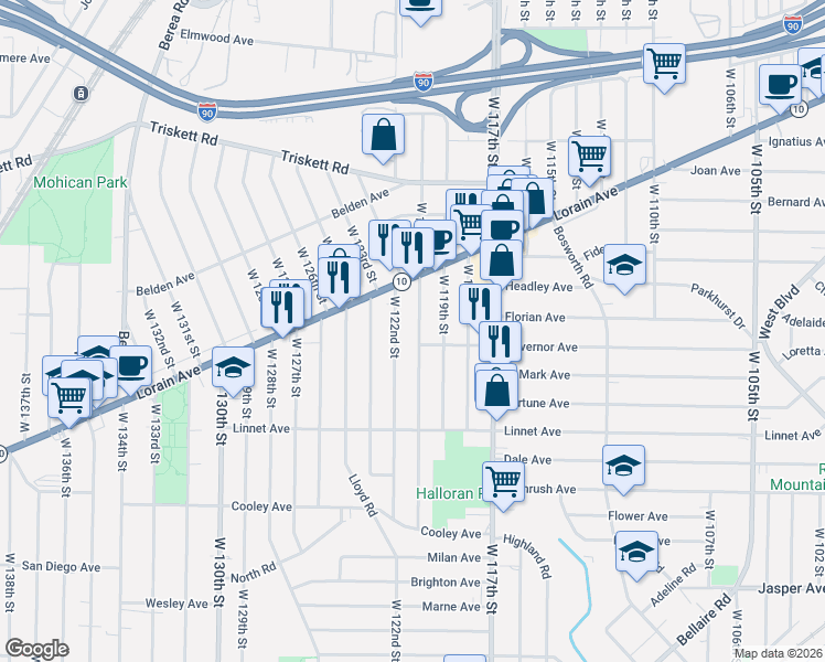 map of restaurants, bars, coffee shops, grocery stores, and more near 3403 West 122nd Street in Cleveland